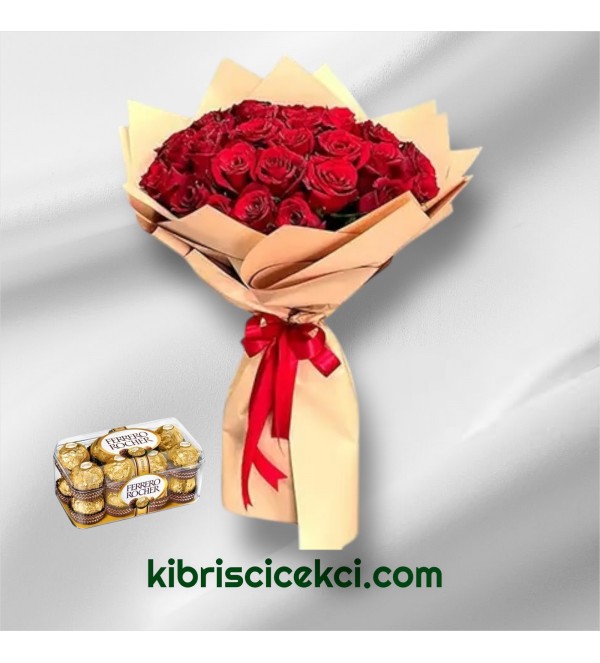 36 Kırmızı Gül Buketi 16'lı Ferrero Çikolata